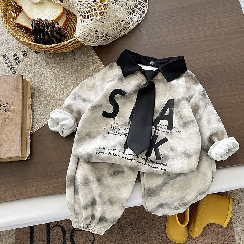 Boys' Outfit Infants Children, New Spring Autumn Style, Stylish Korean Version with Tie and Tie-Dye Long Sleeve Two-Piece Set for Boys