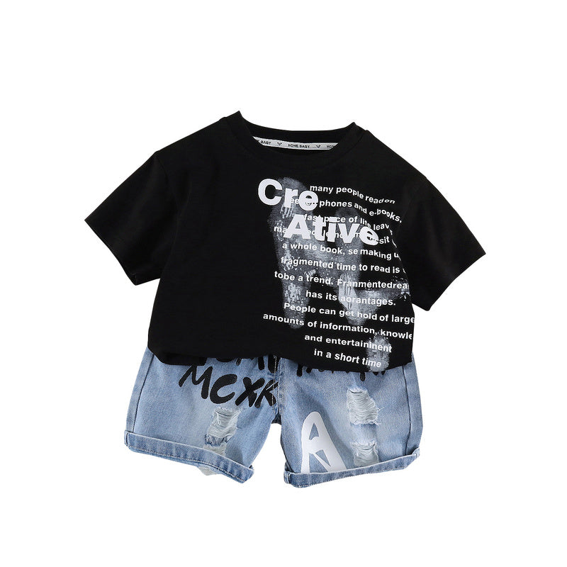 2026 Summer New Fashionable Letter Print Short Sleeve Shorts Two-Piece Set for Boys 1-3 and 4 Years Old