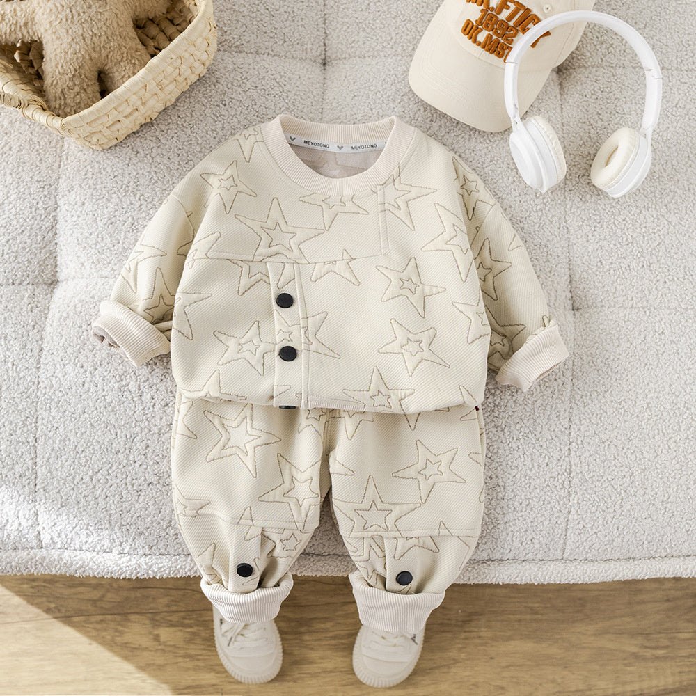 Boys' Outfit 2025 New Baby Children's Spring and Autumn Stylish Kids' Jacquard Round Neck Two-Piece Set
