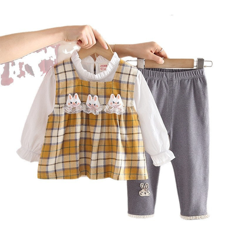 Girls' Spring Outfit 2026 New Fashionable Children's Plaid Rabbit Head Vest Three-Piece Set for 1-3 Year Old Babies