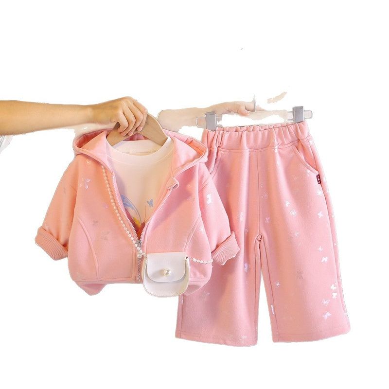 Girls' Spring and Autumn Outfit 2026 New Fashionable Baby Butterfly Crossbody Bag Three-Piece Set Infant Casual Trendy Wholesale