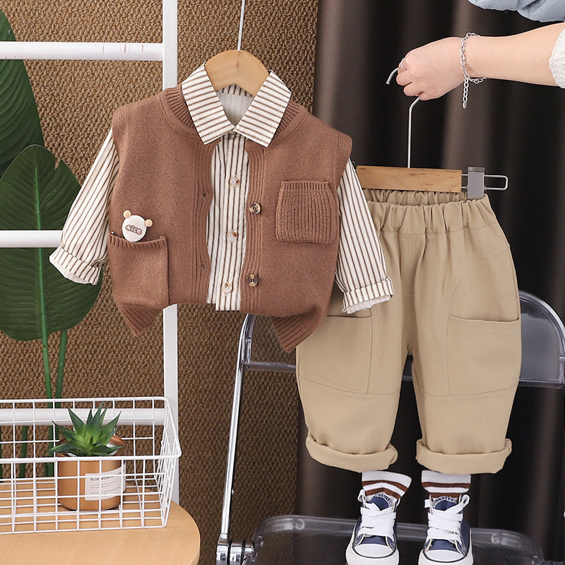 Boys' Suit and Autumn 2025 New Children's Spring Pocket Bear Sweater Vest Three-Piece Set Baby Clothing