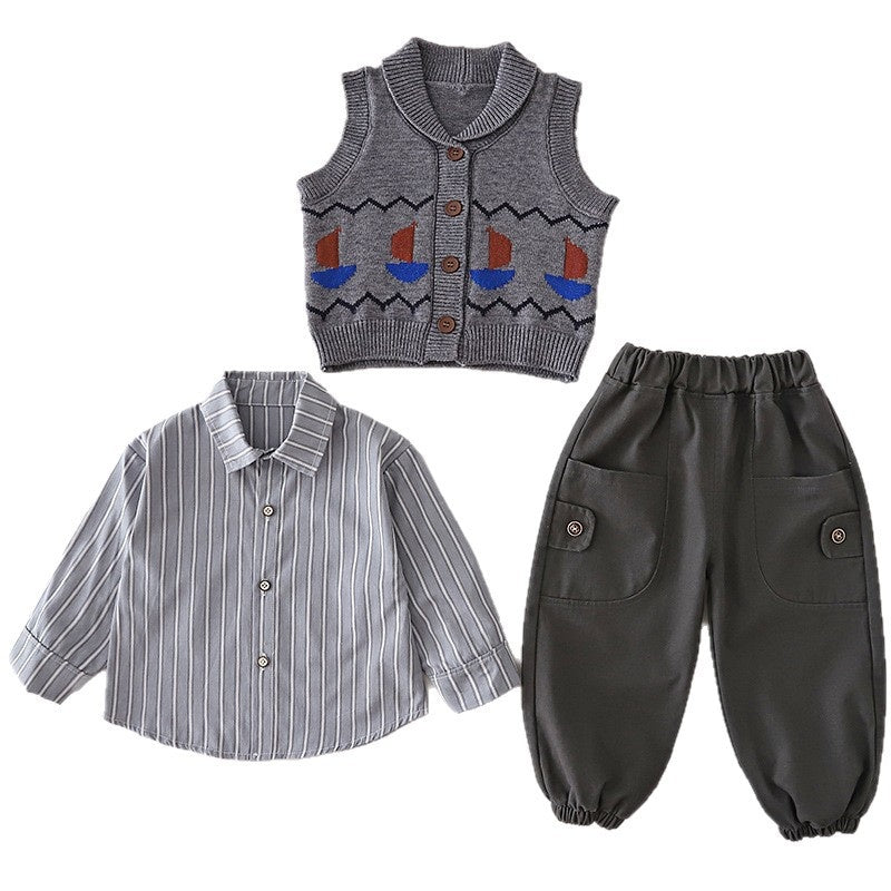 Boys' Outfit 2026 New Children's Sweater Sailing Clothes Stylish Spring Vest Three-Piece Set for Boys