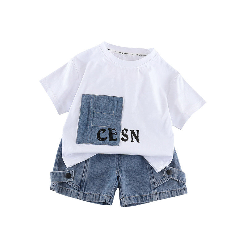 Boys Outfit Set 2026 New Children's Patch Letter Short Sleeve Toddler Thin Clothing Baby Summer Style Kids' Wear