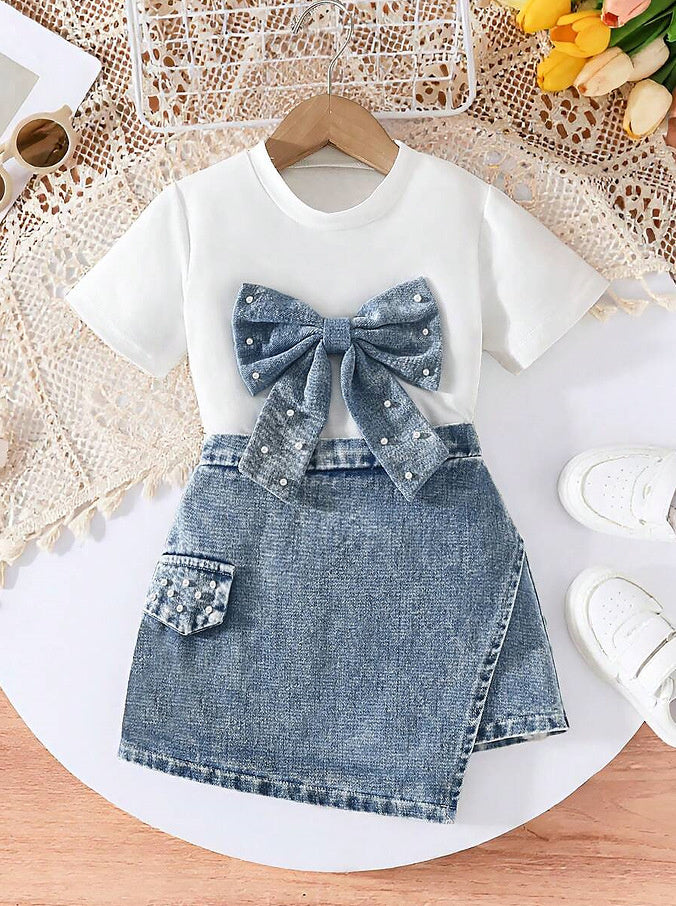 2026 European and American cross-border children's clothing set: girls' bowknot pearl T-shirt + fashionable denim skirt-pants two-piece set