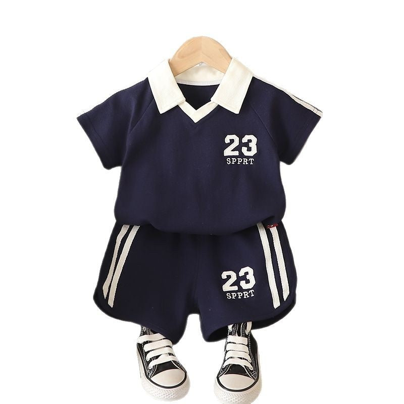 Children's Outfit Digital Turn-Down Collar Short Sleeve Set 2025 New Cool Handsome Boys Baby Summer Thin Clothes