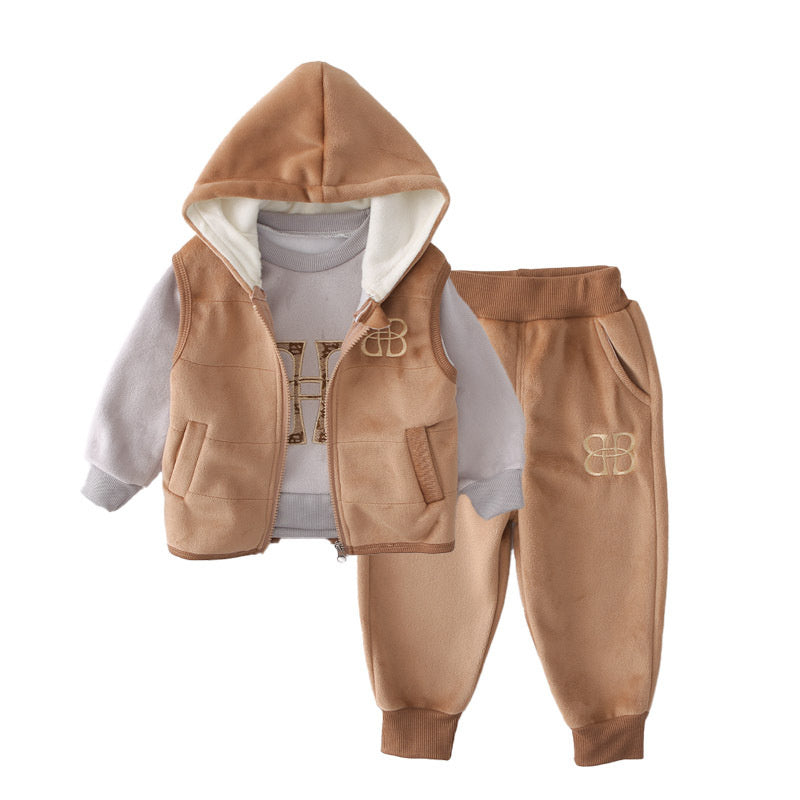 Boys Winter Suit 2025 New Children's Fleece-Lined Thickened Letter Hooded Vest Three-Piece Set for 1 to 3-Year-Old Babies