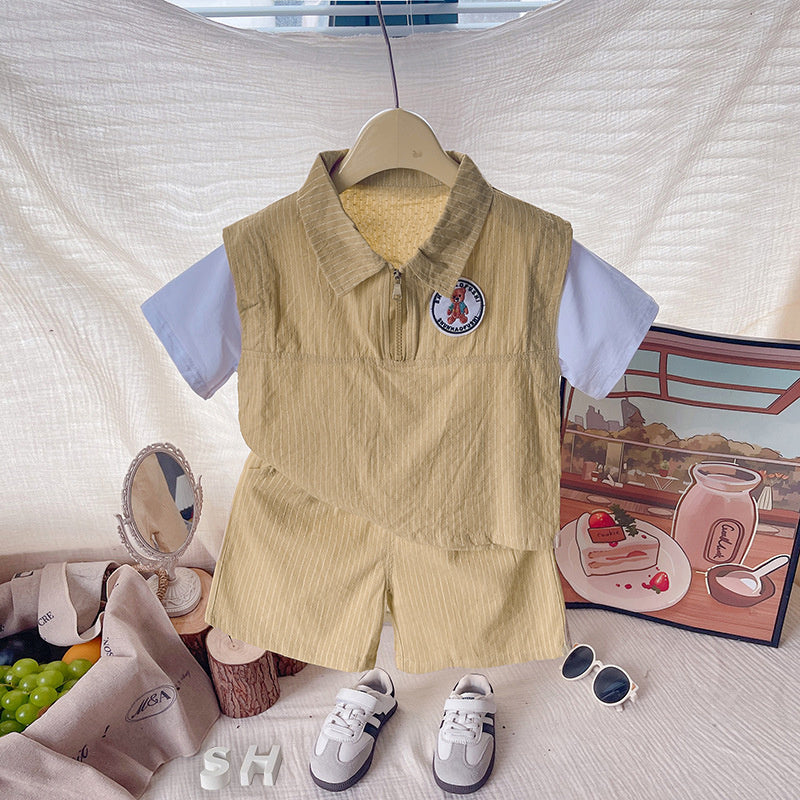 Boys' stylish children's clothes for boys, toddler clothing, baby summer outfit, 3-year-old vertical stripe half-zip short-sleeve set, trendy