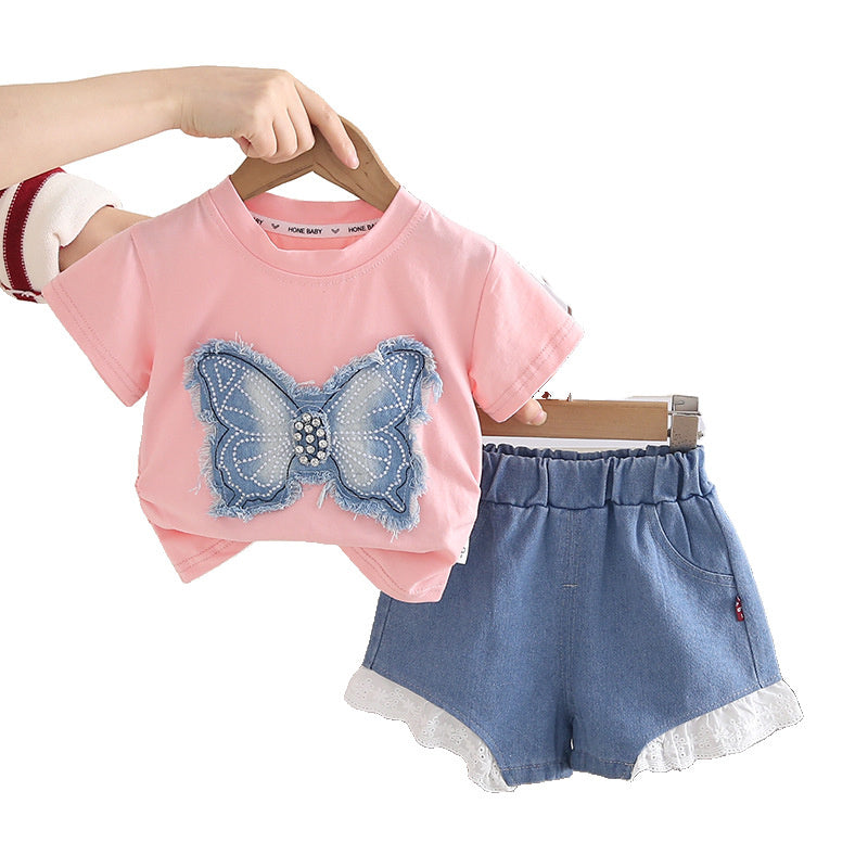 Girls' Outfit 2026 New Fashionable Casual Baby Girl Patch Butterfly Short Sleeve Summer Two-Piece Set