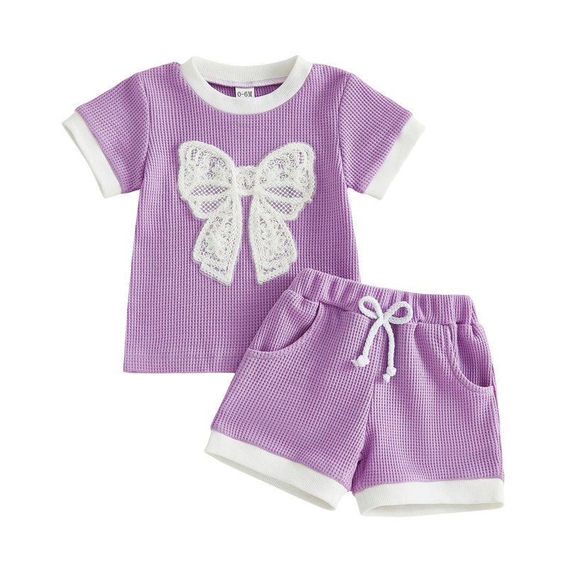 New foreign trade girls' outfit 2026 summer lace bow short-sleeve shorts simple two-piece set