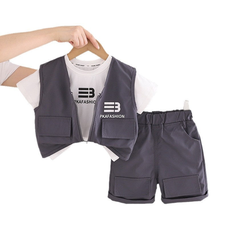 New stylish summer clothing boys, children's clothes for summer, boys' three-piece workwear set, baby short-sleeve suit