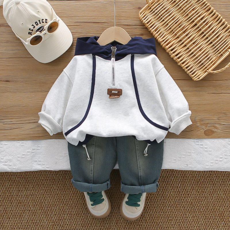 Boys' Outfit 2026 New Children's and Autumn Color-Block Sweatshirt Two-Piece Set Stylish Baby Spring Clothes