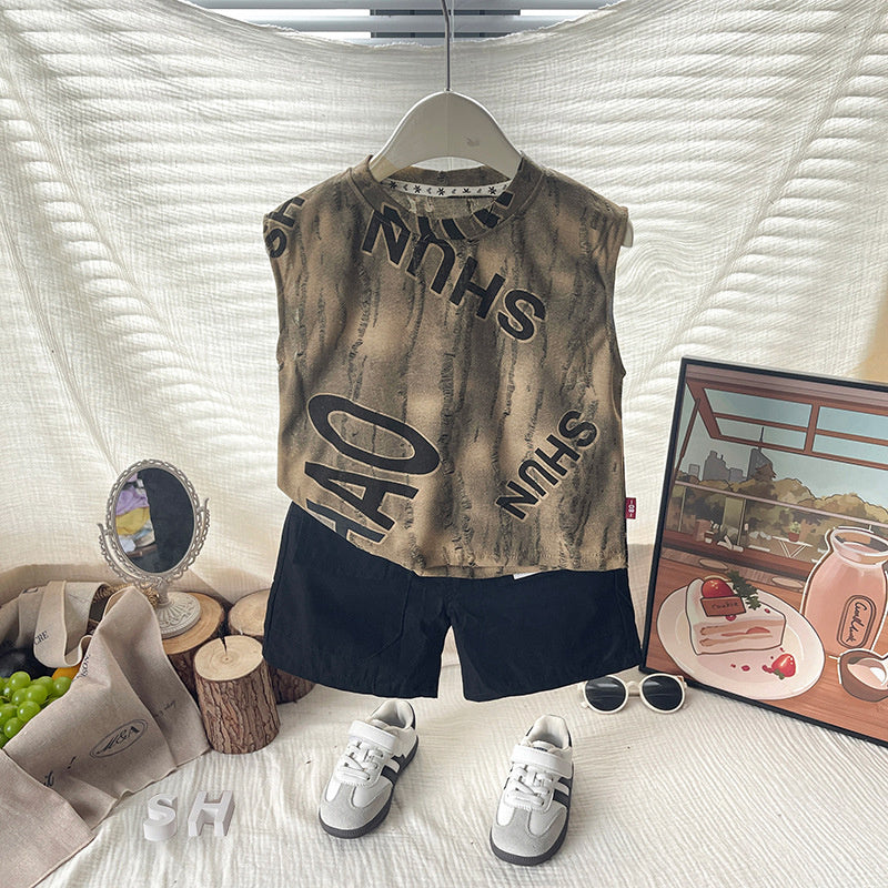Boys' Outfit Children's New Style Baby Boy Summer Letter Print Sleeveless Two-Piece Set Trendy for 1-4 Years Old