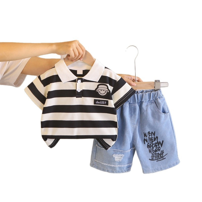Boys' Short-Sleeve Set 2026 New Striped Hat Smiley Baby Summer Infant and Toddler Two-Piece Outfit