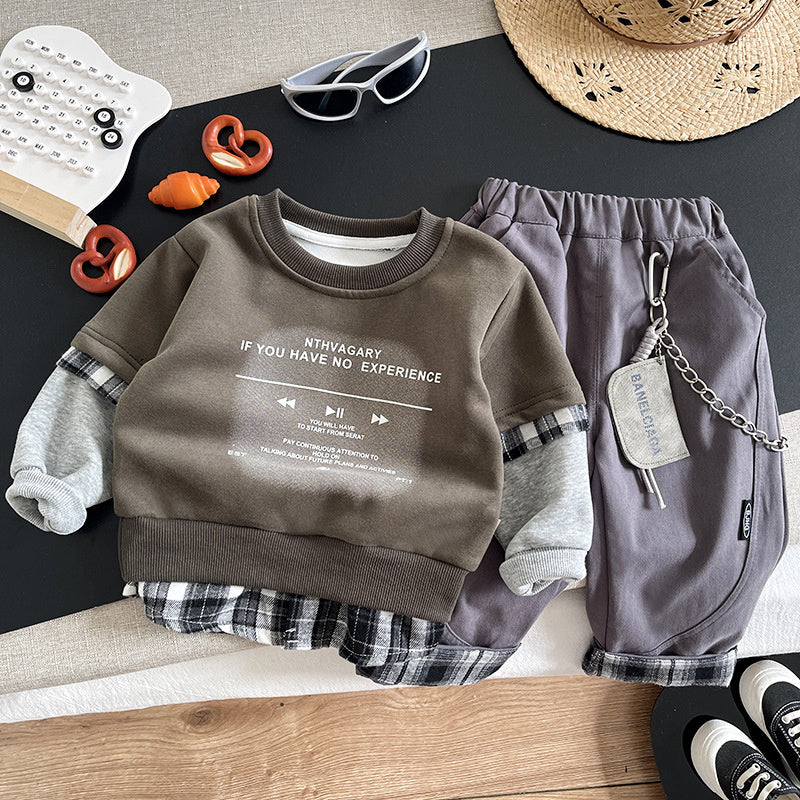 Boys' outfit, sporty fashionable, stylish spring autumn two-piece set with printed sweatshirt for toddlers and children