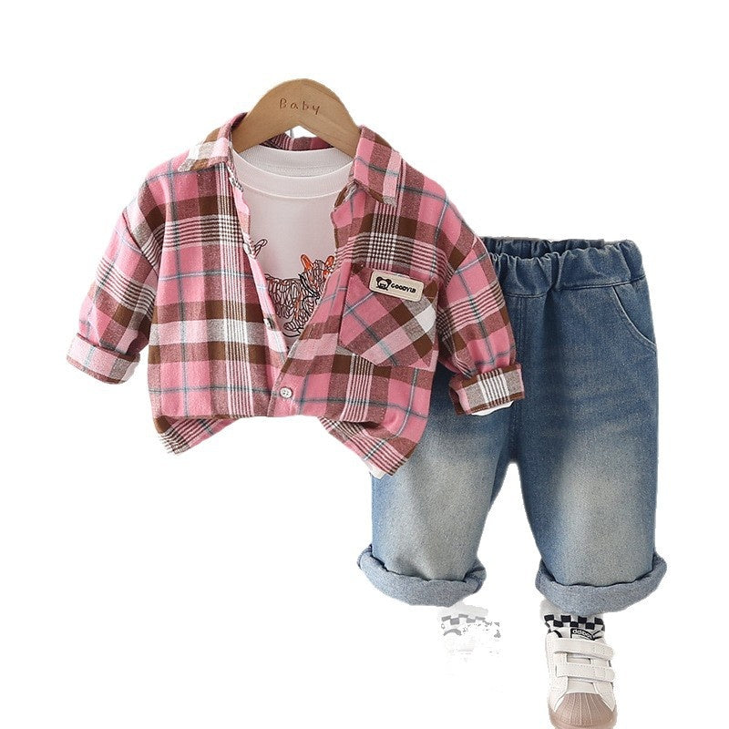 Boys' Fashionable Outfit 2026 New Children's Casual Plaid Shirt Three-Piece Set Baby Spring and Autumn Clothes