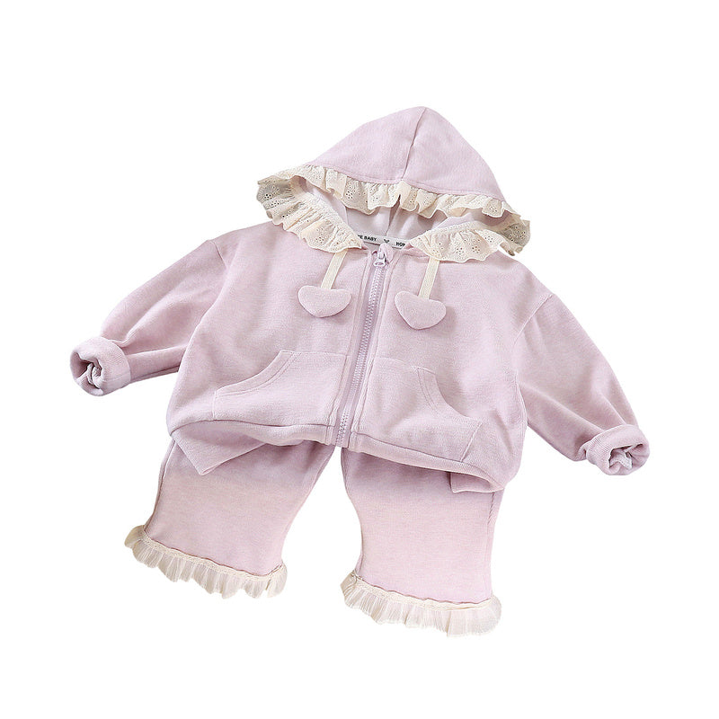 Girls' Outfit 2026 New Style Baby Spring and Autumn Lace Hoodie Two-Piece Set Stylish Children's Clothing for Little Kids