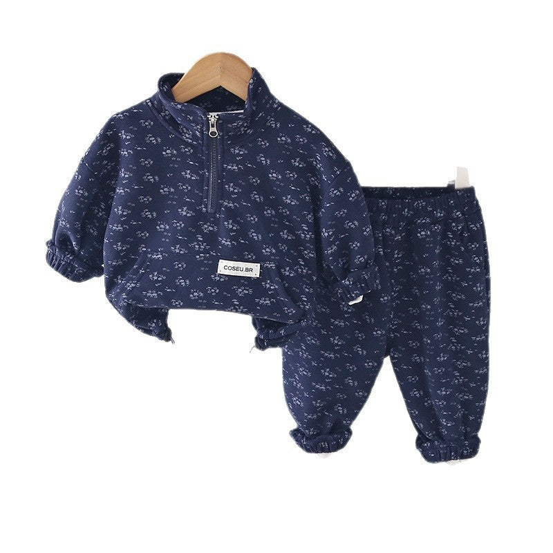 Boys Girls Spring and Autumn Outfit 2026 New Fashionable Children's Floral Casual Half-Zip Sports Sweatpants Set