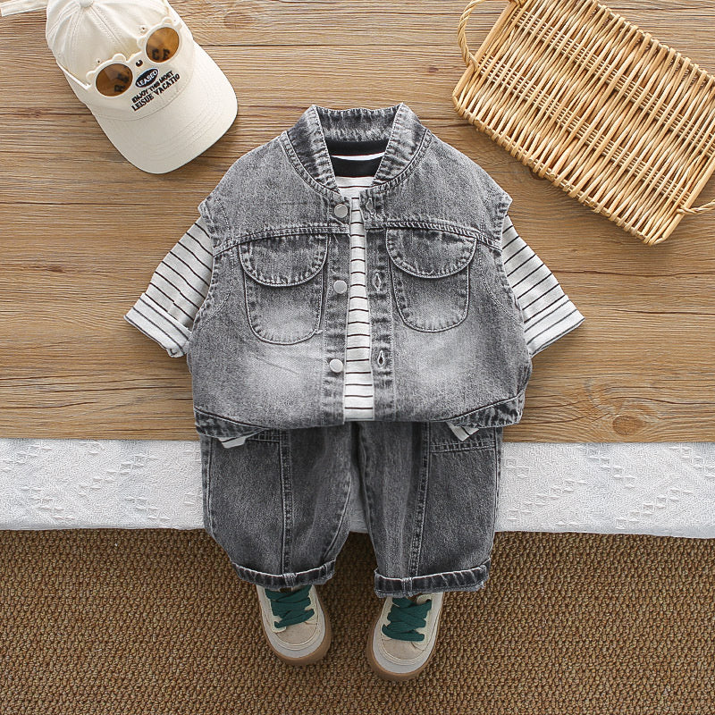 Boy's Trendy Stylish Striped Denim Vest Set 2026 New Model Infant Baby Children's Clothing Boys' Spring and Autumn Outfit
