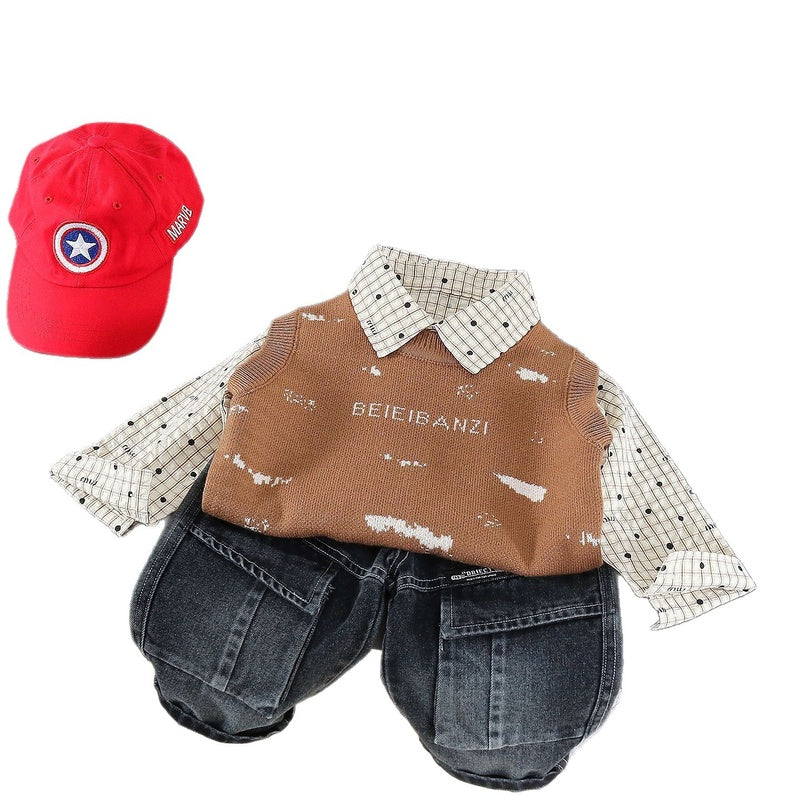 Boys' Autumn Sweater Vest Set 2026 New Fashionable Baby Plaid Shirt Casual Trendy Three-Piece Outfit