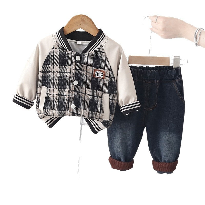 Boys' Outfit 2026 New Fashionable Plaid Double-Layer Jacket Children's Spring and Autumn Stylish Casual Two-Piece Set