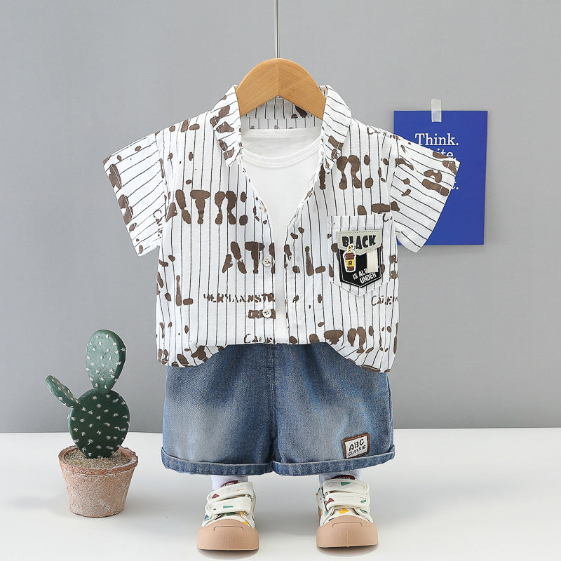 Boys' Outfit 2026 Stylish Thin Short-Sleeve Summer Suit for Boys, Children's Vertical Stripe Letter Shirt Three-Piece Set