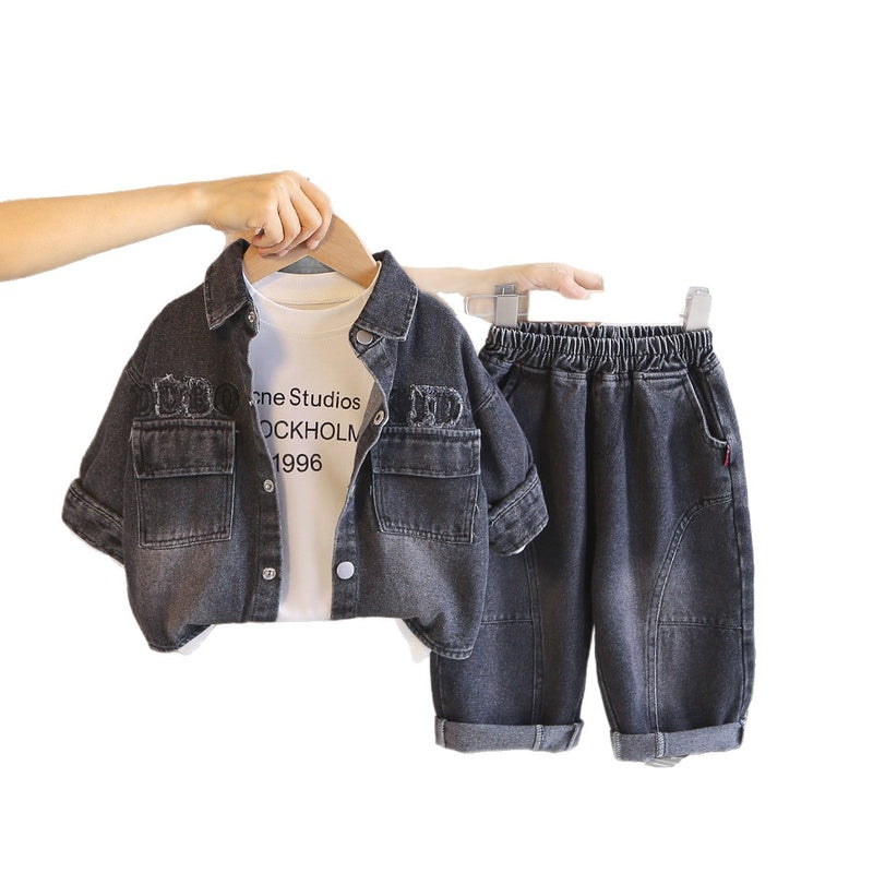 Children's clothing 2026 new outfit, Korean-style letter denim three-piece set boys, suitable for spring and autumn