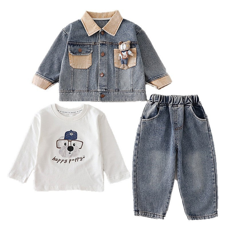 Boys' and Autumn Outfit 1-4 Year Olds, Spring Infant Children's Clothing, Stylish Denim Bear Three-Piece Set for Toddlers
