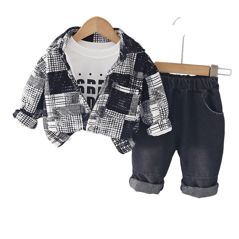 Boys' Suit Autumn 2026 New Spring Black and White Plaid Three-Piece Set Baby Clothes Stylish Jacket Children's Clothing