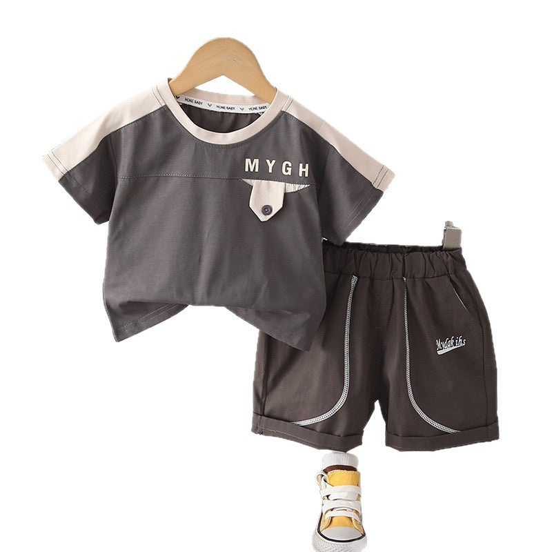 2026 New Boys' Two-Piece Set Children's Letter Color-Block Short-Sleeve Thin Baby Summer Clothes Trendy