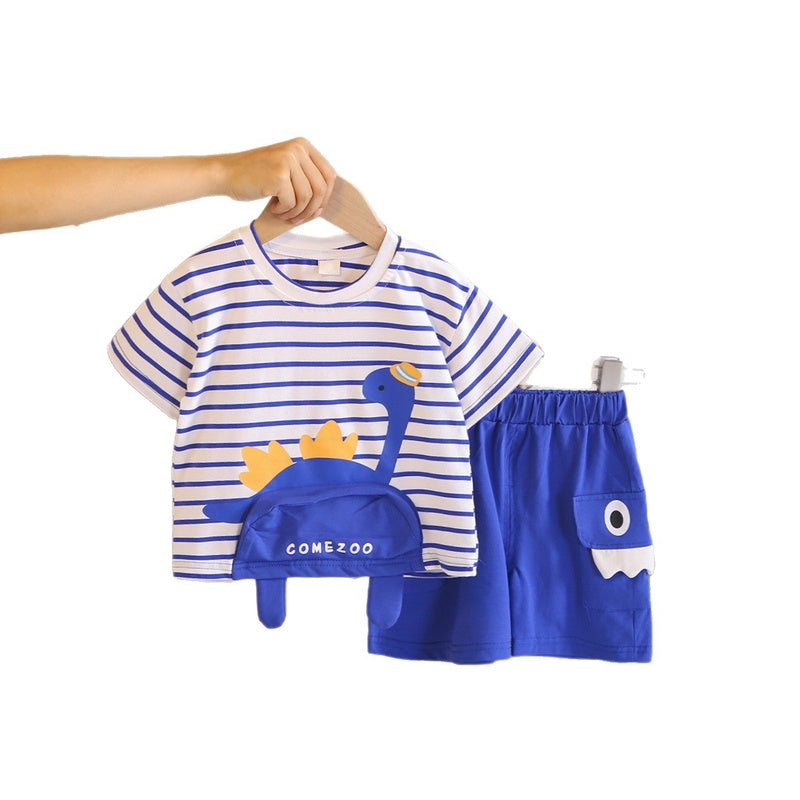 Boys' Summer Outfit 2026 New Fashionable Striped Hat Dinosaur Short Sleeve Shorts Baby Two-Piece Set
