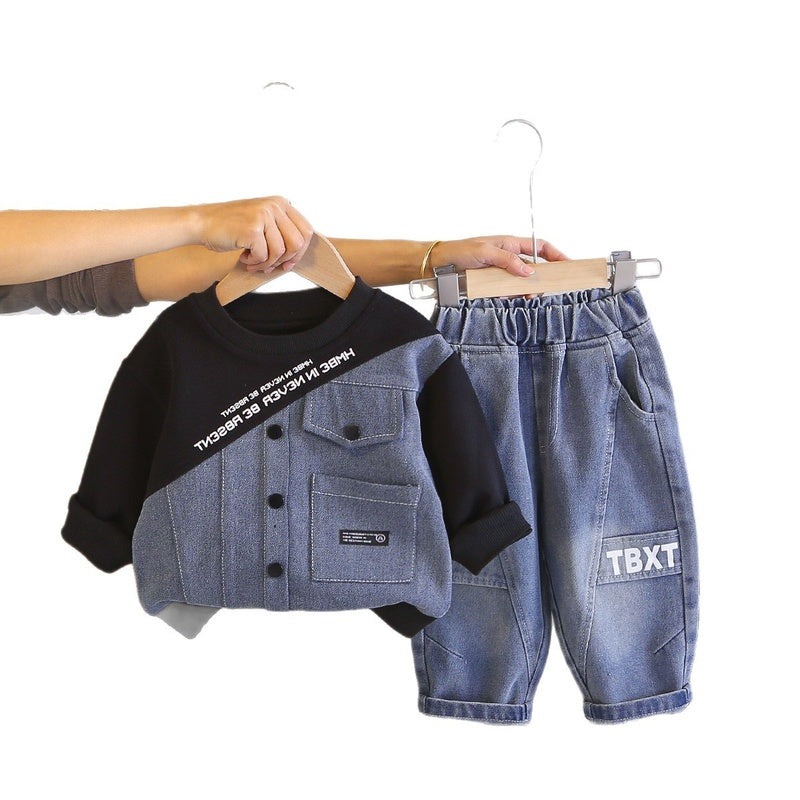 Boys' spring fashion patchwork denim sweatshirt two-piece set, stylish toddler clothes for spring, trendy baby and children's clothing