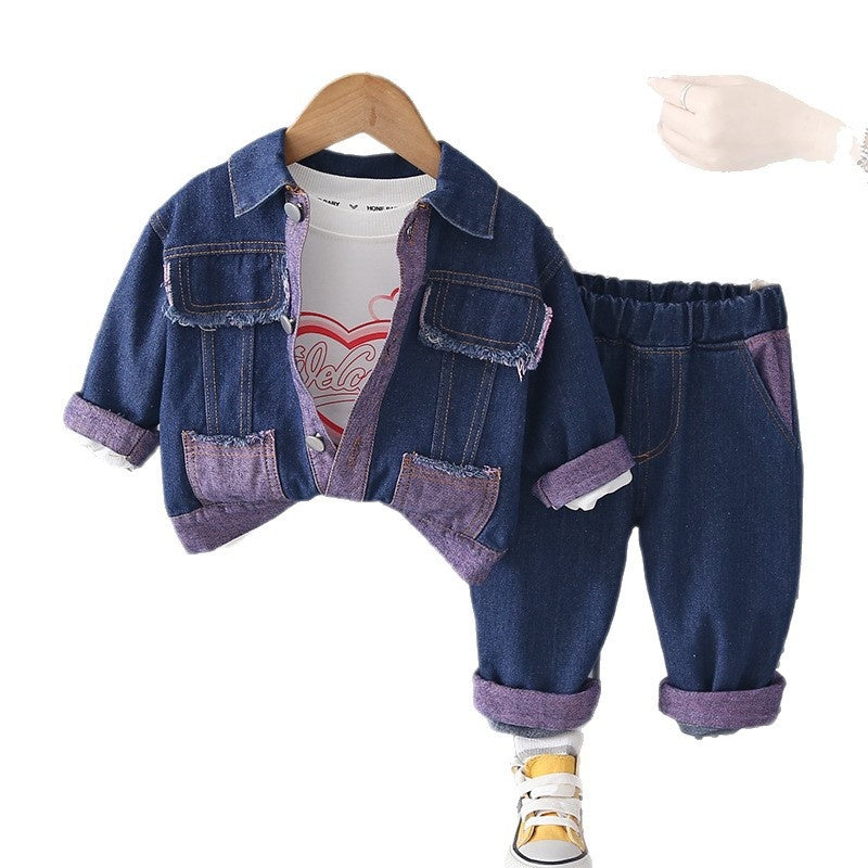 Girls' and Autumn Baby Outfit 2026 New Style Children's Square Pocket Denim Three-Piece Set Fashionable Spring Clothes Wholesale