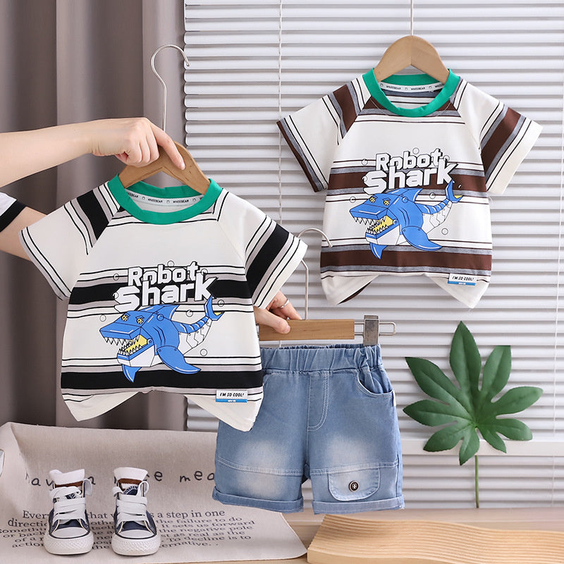 Boys' Summer Short-Sleeve Outfit 2026 New Fashionable Striped Shark Two-Piece Set for Children Trendy Baby Clothes