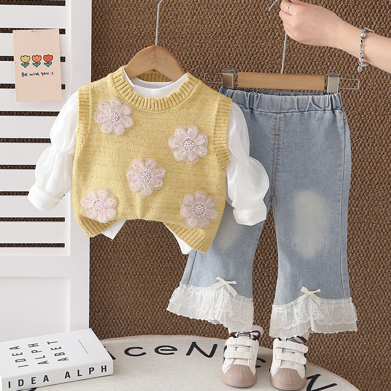 Girls' and Autumn Outfit 2026 New Style Baby Girl Fashionable Sweet Floral Children's Spring Sweater Three-Piece Set Trendy