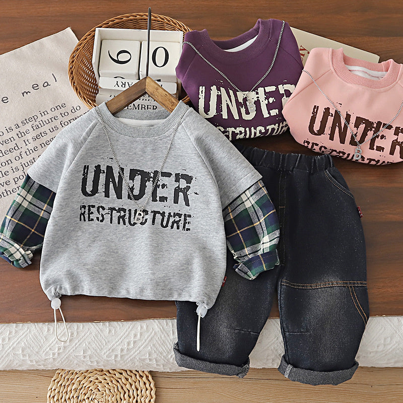 Boys' Suit Spring and 2026 New Fashionable Autumn Patchwork Sleeve Sweatshirt Two-Piece Set Baby Clothes Children's Wear