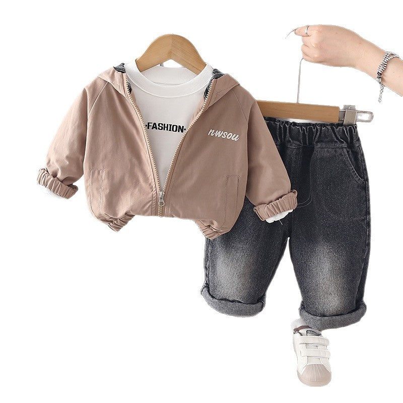 Boys' Spring and Autumn Fashionable Hooded Letter Print Jacket Three-Piece Set, Stylish Cartoon Casual Children's Clothing Wholesale