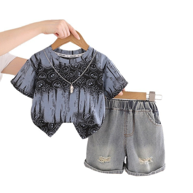 Baby Outfit Set 2026 New Style Boys' Short Sleeve Shorts with Print, Infant Children's Clothing, Stylish Summer Clothes for Little Kids