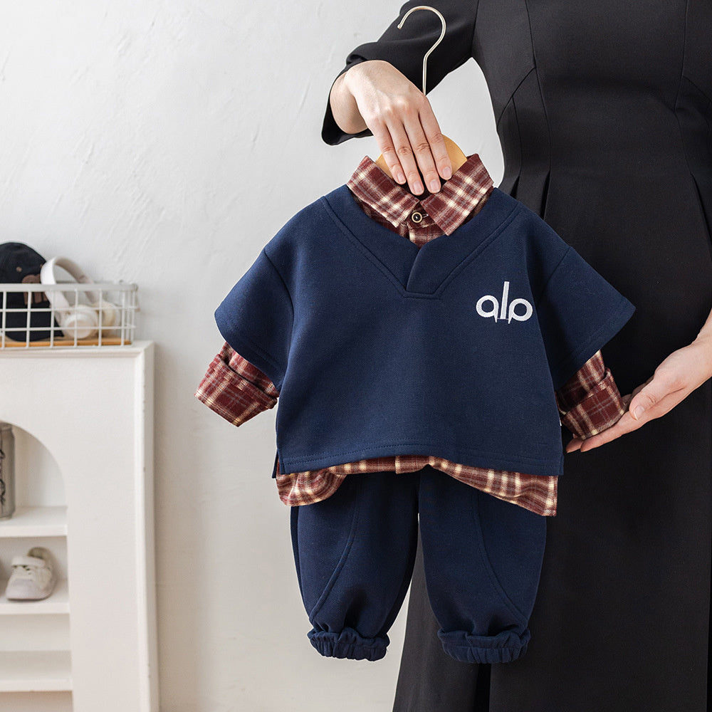 Boys' Autumn 2026 New Style Baby Boy Spring Outfit Stylish Plaid Shirt Long Sleeve Three-Piece Set for Infants and Children