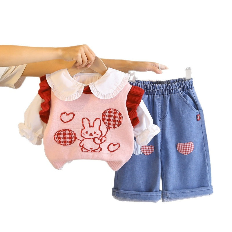 Girls' Bunny Lace Sweater Set, 2026 New Fashionable and Stylish Baby Girl Spring Outfit, Children's Autumn Clothing
