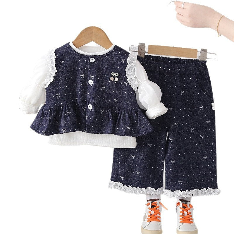 Girls' Outfit Set: Stylish Baby Girl Spring and Autumn Bow Vest Long Sleeve Three-Piece Set Infant Children's Clothing