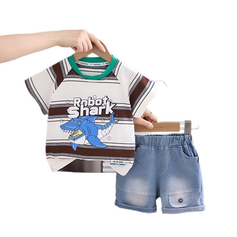 Boys' Summer Short-Sleeve Outfit 2026 New Fashionable Striped Shark Two-Piece Set for Children Trendy Baby Clothes