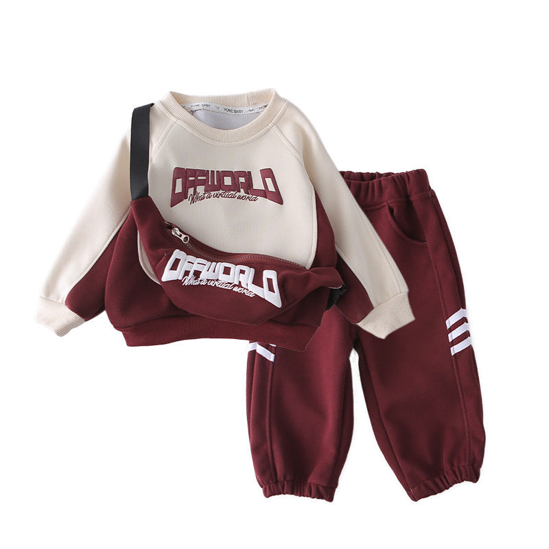Baby Korean-style sweatshirt bag set, stylish boys' spring autumn clothing, infant and toddler two-piece trendy outfit
