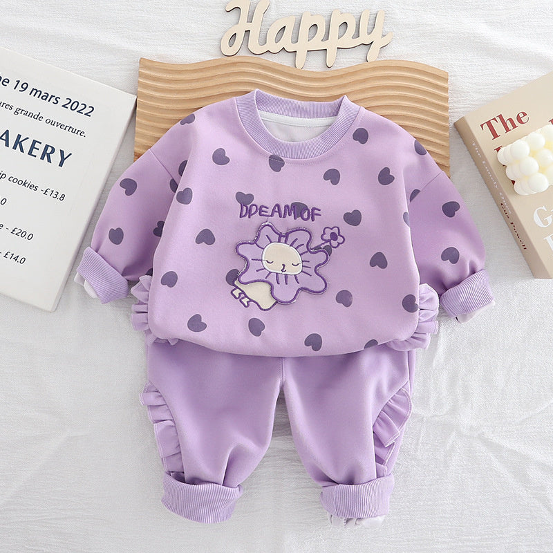 Girls' Outfit 2025 New Stylish Full Print Heart Round Neck Two-Piece Set Baby Spring Autumn Sweatshirt Children's Trendy