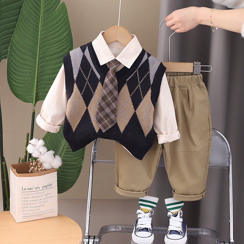 Boys' Suit Spring 2024 New Stylish Baby Long Sleeve Diamond Pattern Tie Sweater Vest Three-Piece Set Toddler Trendy