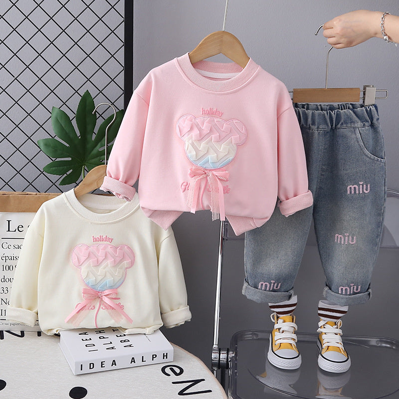 Girls' Outfit 2024 New Fashionable Baby Girl Spring and Autumn Sweet Bear Two-Piece Set Children's Sweatshirt