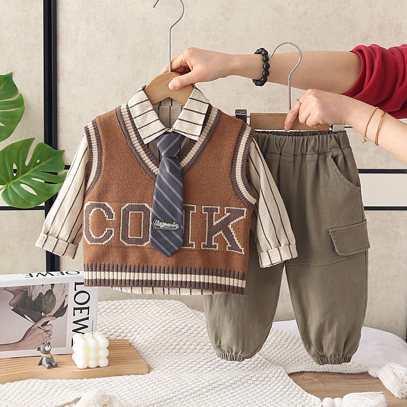 Boys' outfit set, stylish clothing for spring autumn, handsome baby children's wear, British style tie and sweater three-piece set