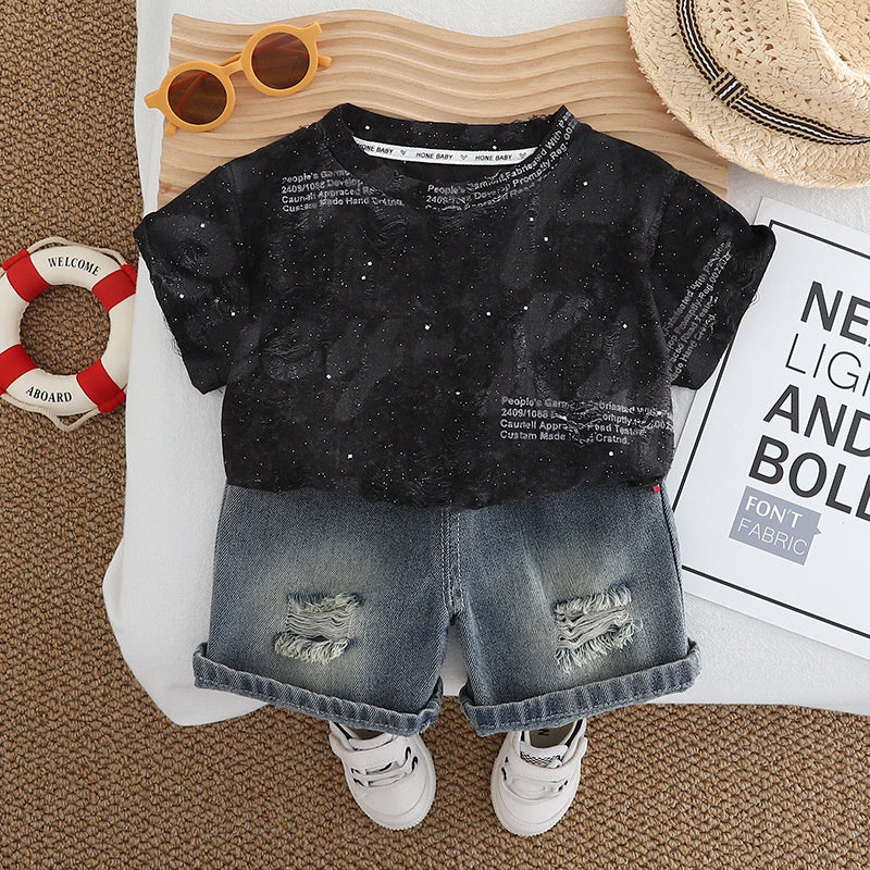 Boys Summer Suit Handsome 2025 New Korean Version Children's Stylish English Short Sleeve Baby Thin Two-Piece Set Trendy