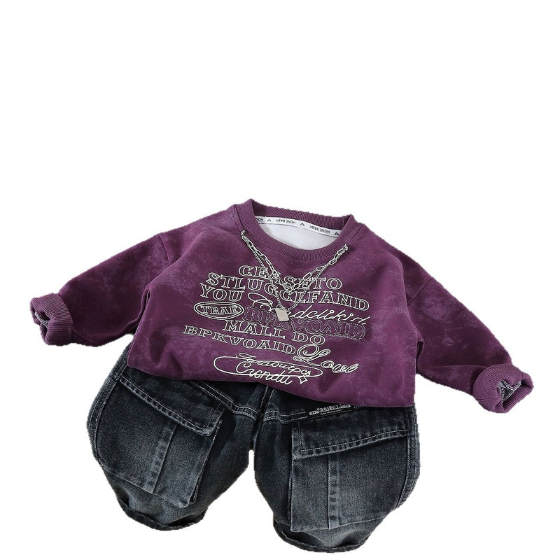 Boys' Spring Autumn Outfit 2026 New Fashionable Children's with English Print Sweatshirt and Korean Style Long Pants Two-Piece Set