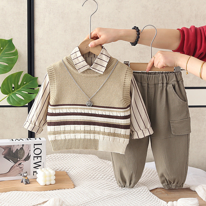 Boys' outfit stylish baby striped color-block sweater three-piece set, infant children's spring and autumn trendy clothing